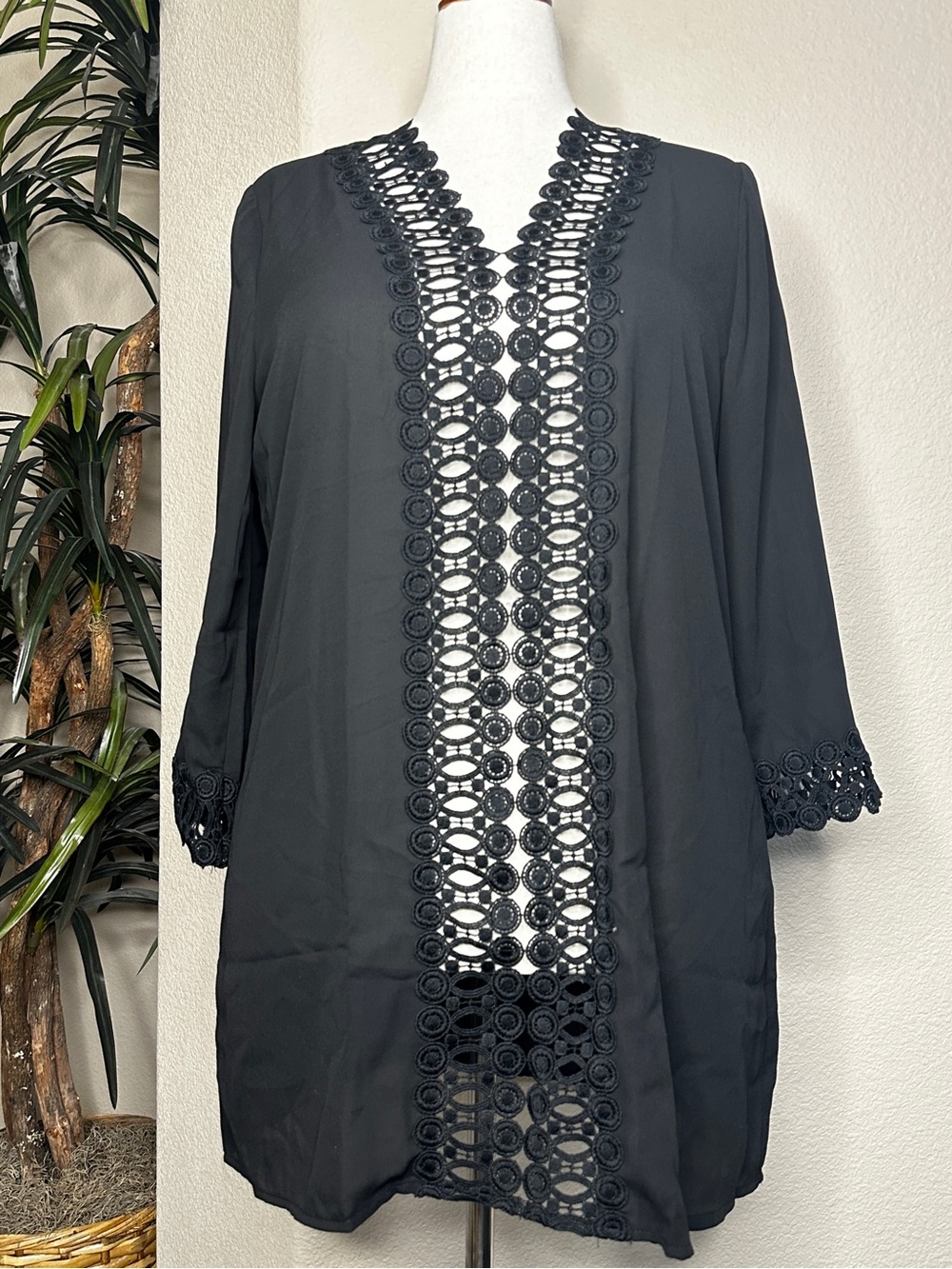 Black Crochet-Trim Swim Coverup Tunic XL